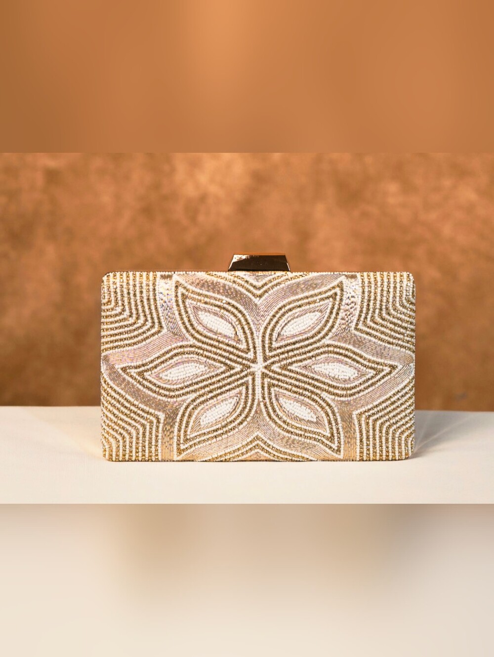 Beaded Floral Evening Clutch in Champagne Gold